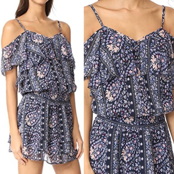 PAIGE 100% Silk Olympia Dark Ink Blue/Bouquet Tiered Ruffle Mini Dress M $298 - Picture 3 of 16